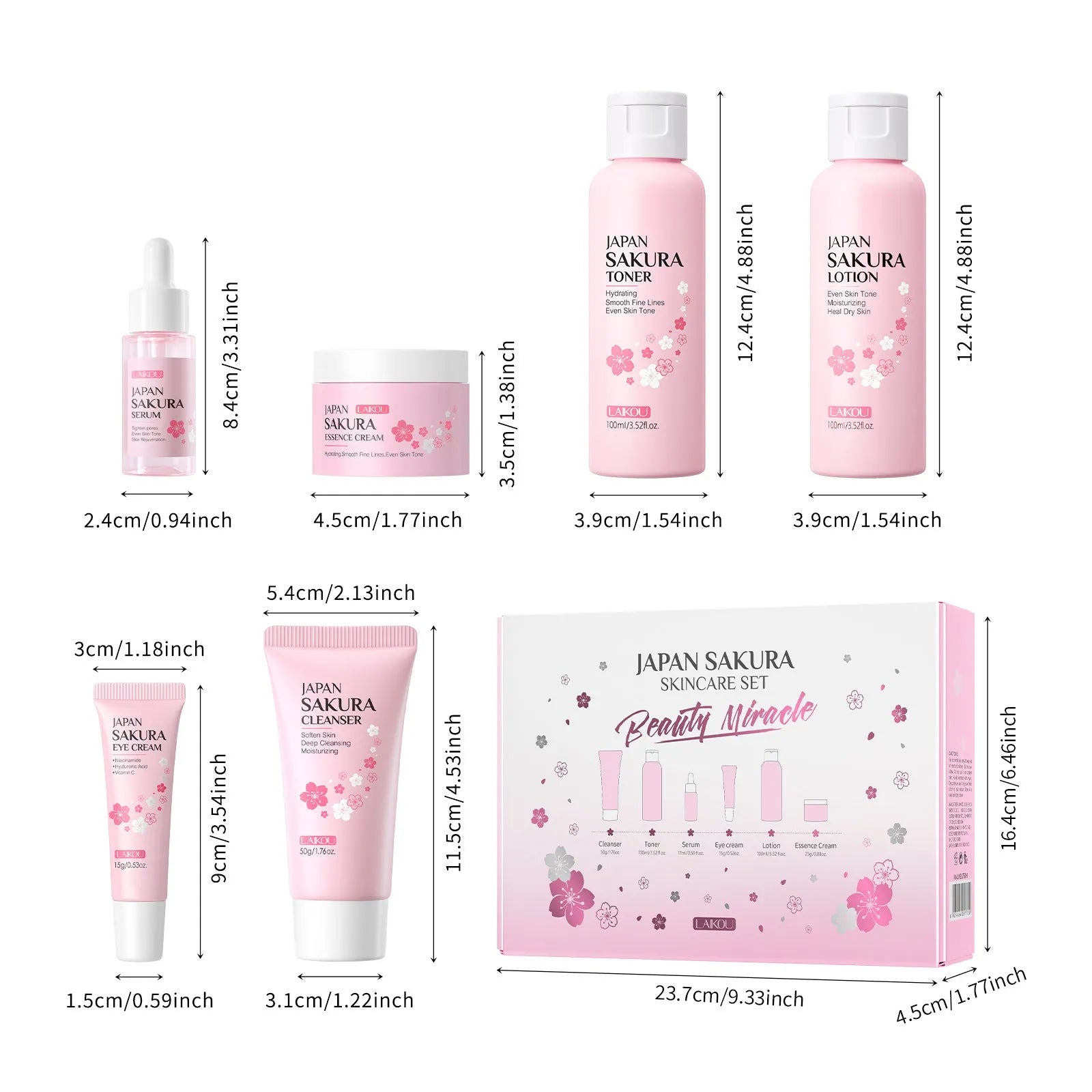 Cherry Blossom 6-piece skin care set with cleanser, toner, cream, essence, eye cream and cream for cleansing and brightening
