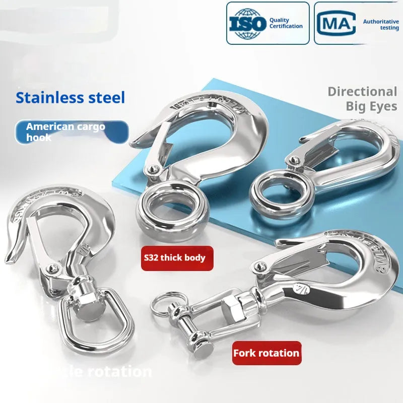 304 stainless steel fork rotating load-bearing hook with directional swivel ring in 150kg to 1500kg capacities