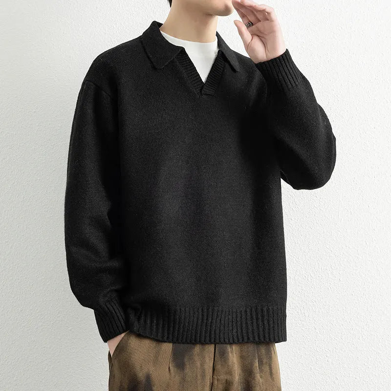 Men's casual cardigan sweater coat in carbon black, loose fit, modal rabbit fur blend