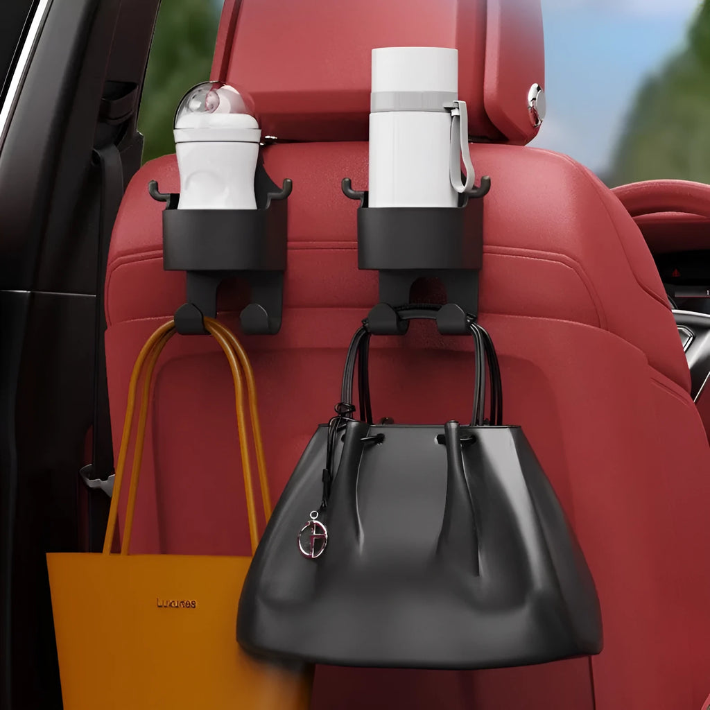 Black plastic car seat back organiser with a cup holder and hook attachments.
