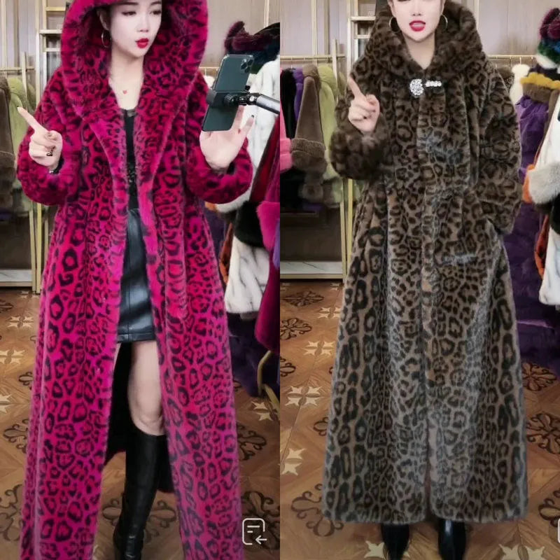 Brown leopard print plus size women's faux fur coat with 100cm length and regular sleeves