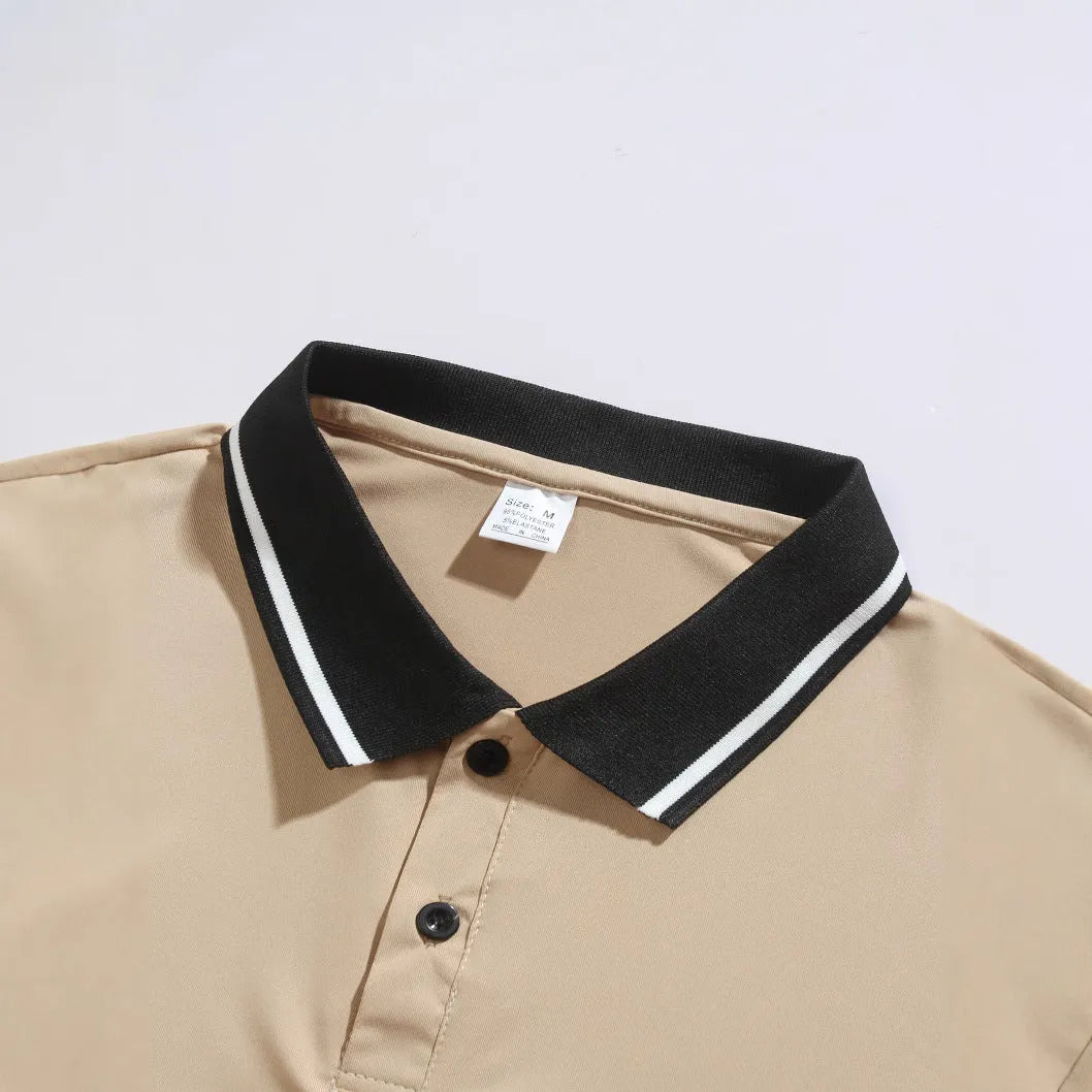 Men's casual button short sleeve business lapel shirt in solid colour polyester – black, khaki, light gray, red
