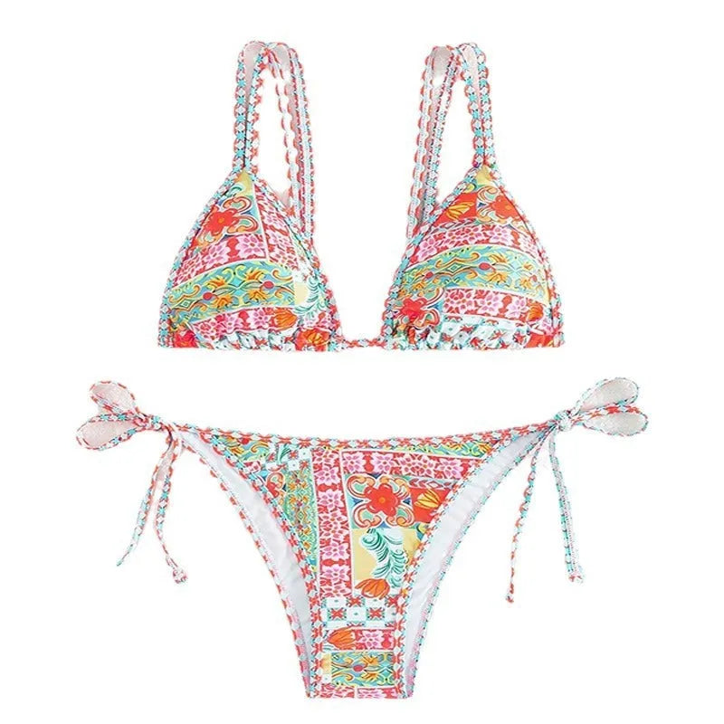 Women's lace-up front swimsuit with high-cut split leg design in polyester spandex fabric