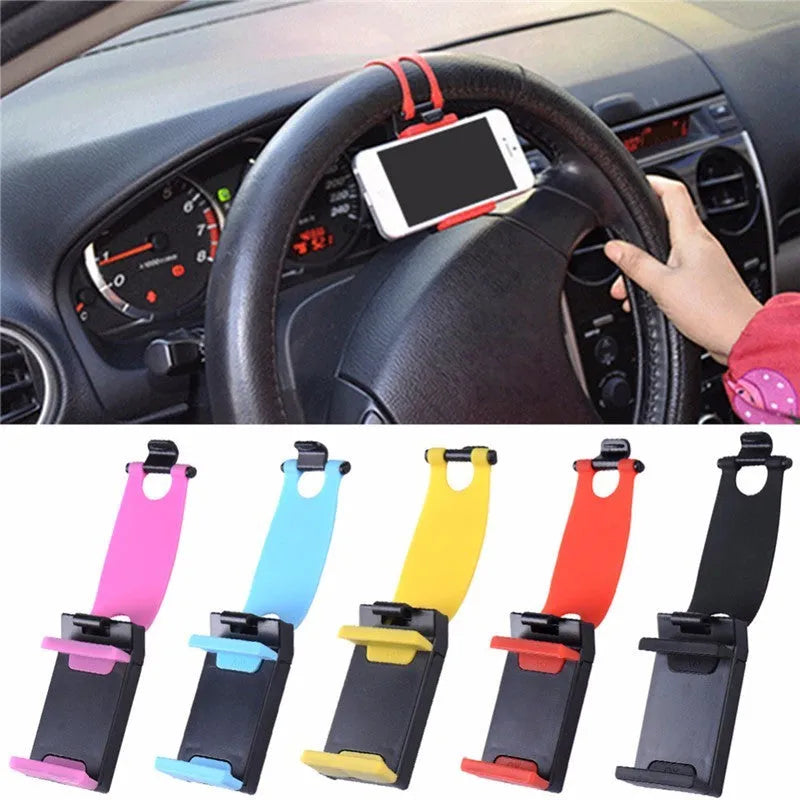 Black steering wheel phone clip holder mounted with smartphone showing navigation display