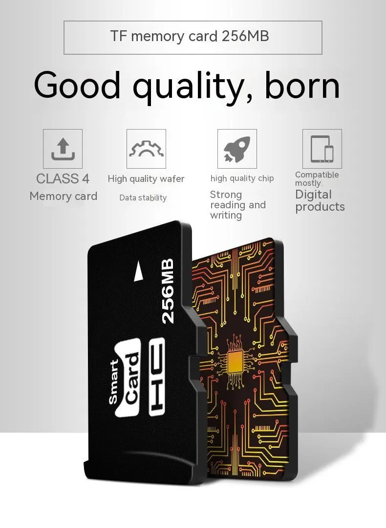 256MB TF memory card with packaging, shown next to compatible devices like an MP3 player and camera.