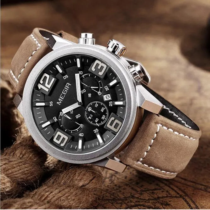 Men's quartz sports watch with three-eye luminous dial, 48.5mm alloy case, mineral glass, and brown-black leather strap