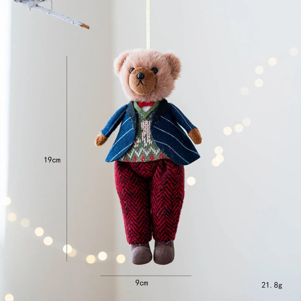 Cartoon plush bear couple, one in a gentleman's suit and one in a princess's plaid dress