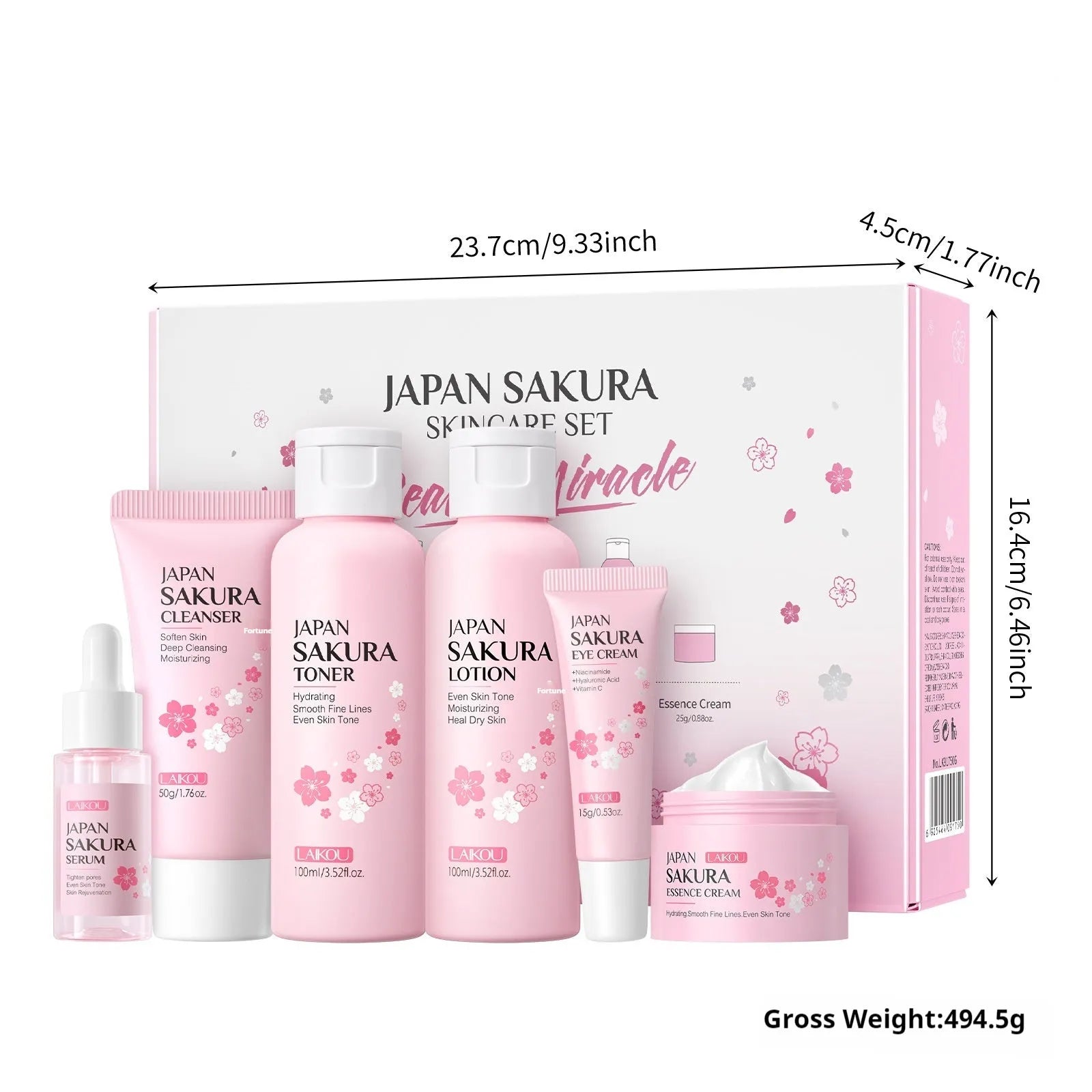 Cherry Blossom 6-piece skin care set with cleanser, toner, cream, essence, eye cream and cream for cleansing and brightening