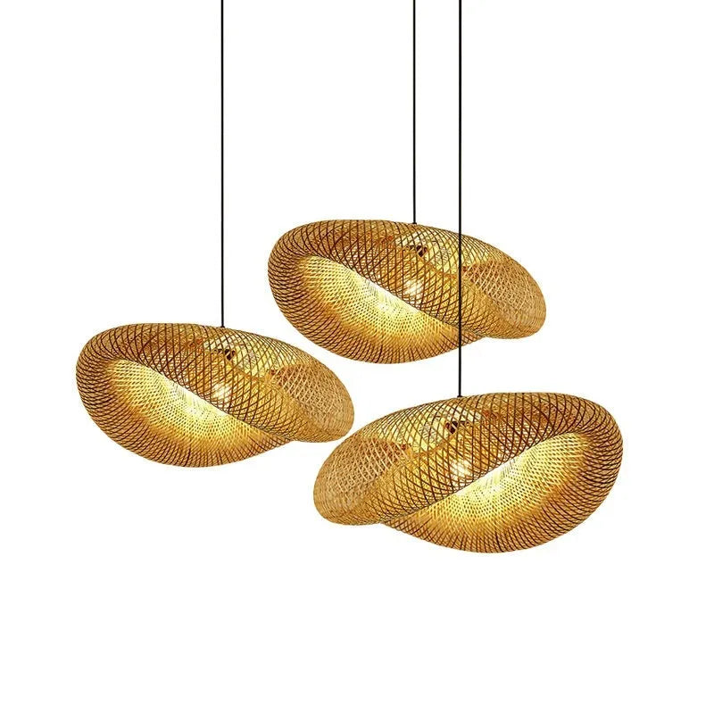 Straw hat-shaped bamboo hanging ceiling lamp with woven natural fibre texture