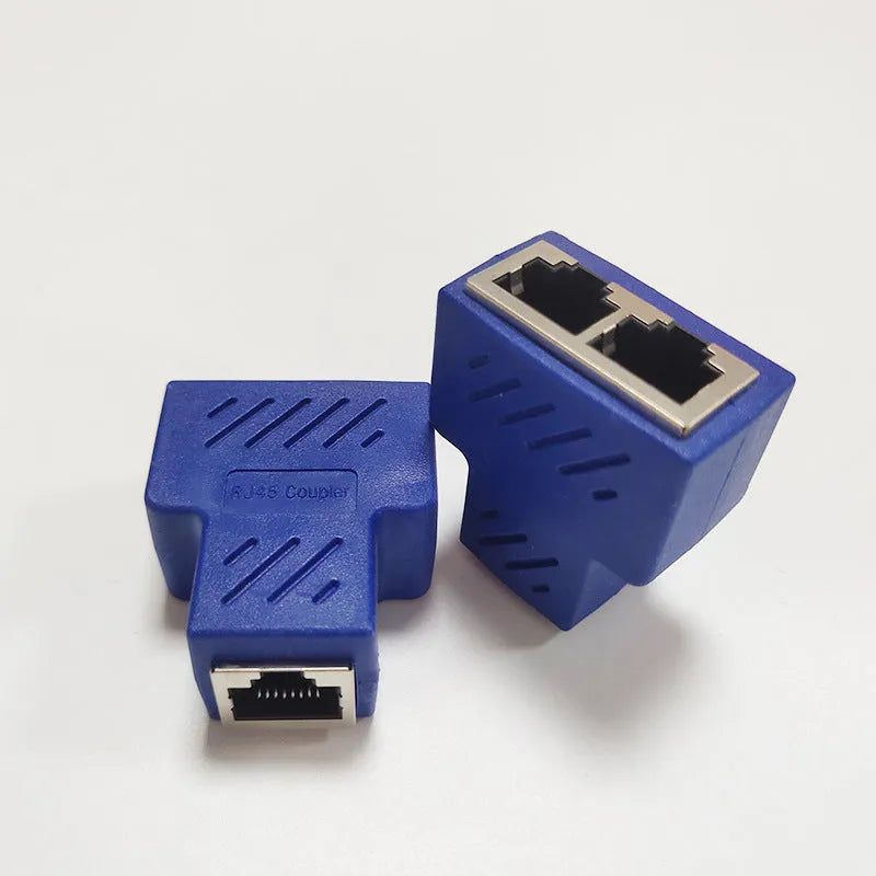 RJ45 network cable splitter adapter showing tee-shaped design with one input and two output ports