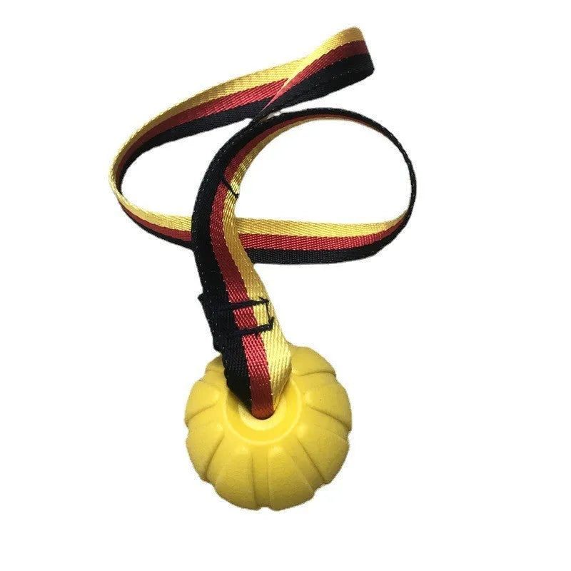 Yellow and camouflage coloured EVA foam floating tetherball dog toys in three different sizes on a blue background.