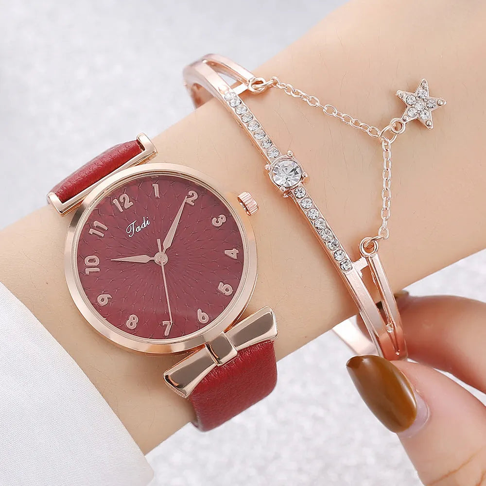 Fashion watch set for women with star love bracelet, white watch with matching bracelet, 8mm thin casing