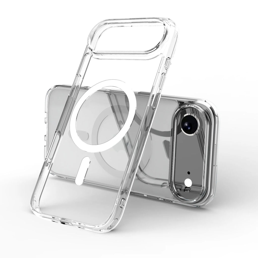 Transparent magnetic protective case for iPhone 17 series phones showing clear design and magnetic ring