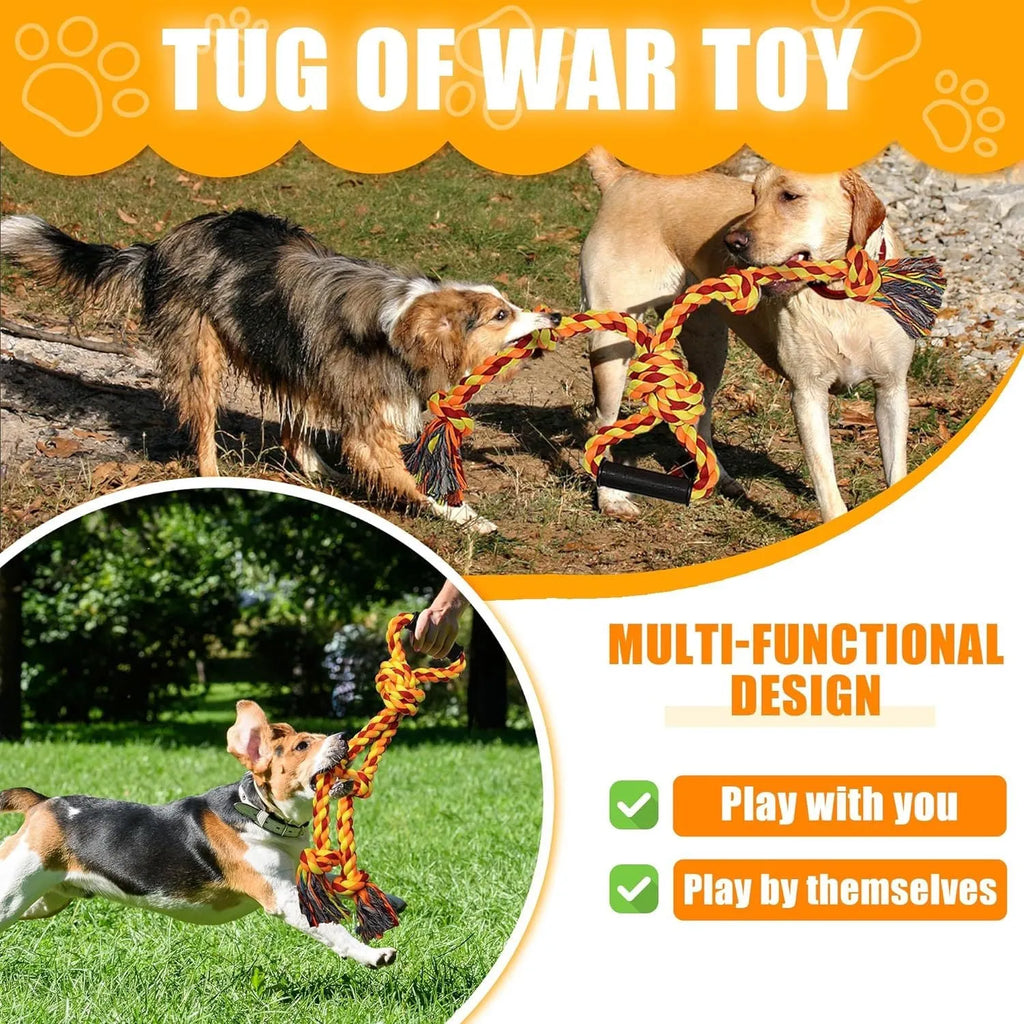 Blue and yellow heavy-duty cotton rope tug toy for large dogs with a sturdy handle.