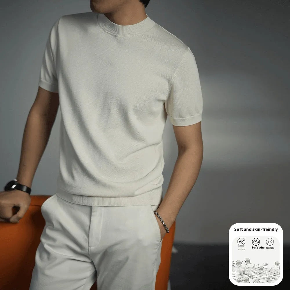 Men's knitted T-shirt with round neck and short sleeves in business gentleman style