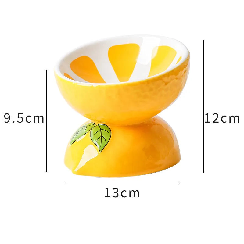 Ceramic raised cat bowl with tilted wide dish on elevated 5-inch stand