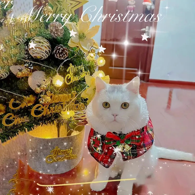 Pet festive scarf for cats and dogs in multiple sizes with snowflake bell and ball patterns on red and blue backgrounds