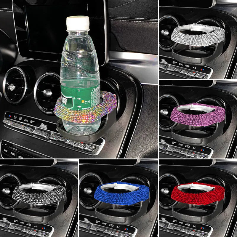 White diamond rhinestone car air vent cup holder bracket showing clip mechanism