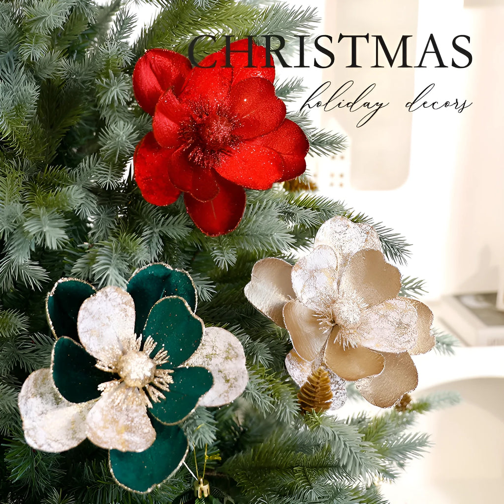 Set of three 15cm flannel Christmas flower ornaments in Champagne Gold, Dark Green, and Wine Red for tree decoration
