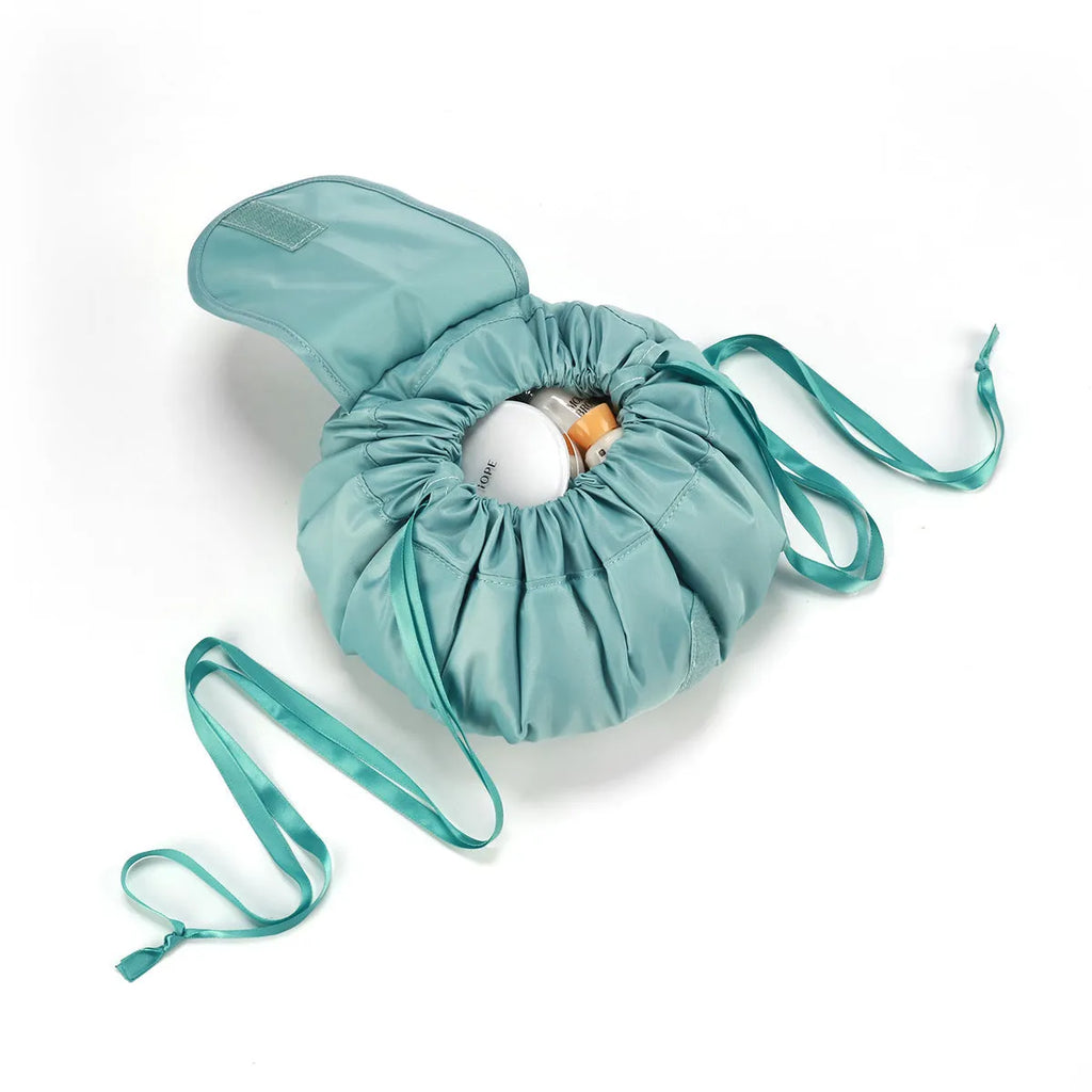 Large waterproof polyester drawstring makeup bag in cube shape for travel storage of cosmetics and toiletries