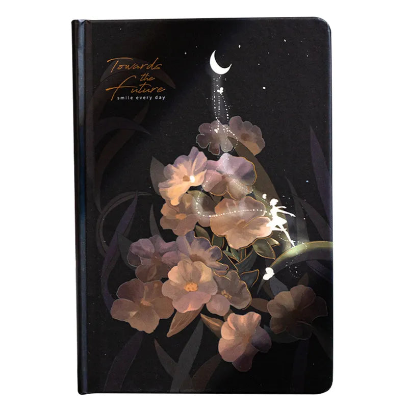 A5 notebook with luminous reflective cover shown in four colours: deep blue, gold, light blue, purple, open to reveal pages with colour illustrations.