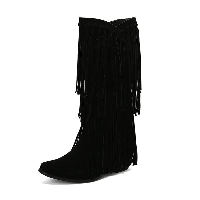 Women's suede high boots with a chunky heel and square toe in beige.