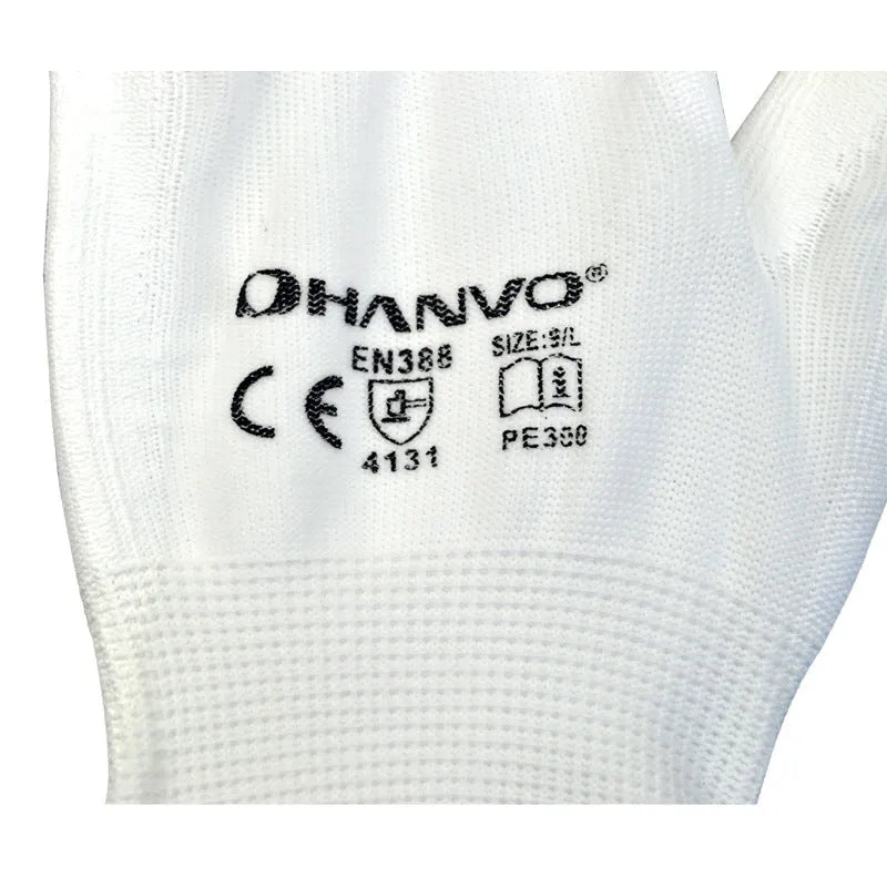 White PU coated labour gloves showing palm detail and length, sizes L and M, in a 10-pair pack.