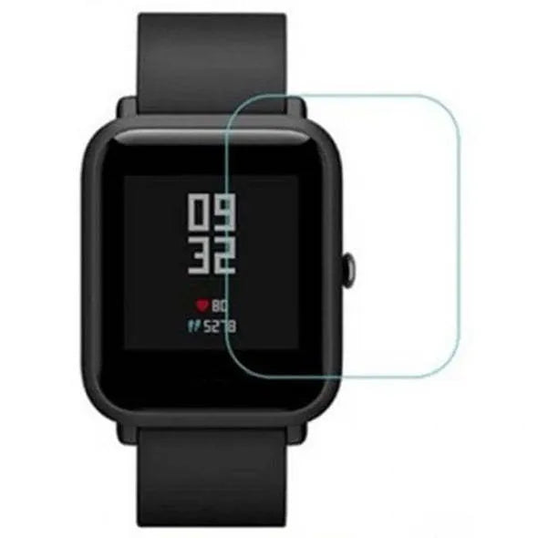 Amazfit Bip S smartwatch with clear TPU hydrogel screen protector applied, showing anti-scratch film pack.