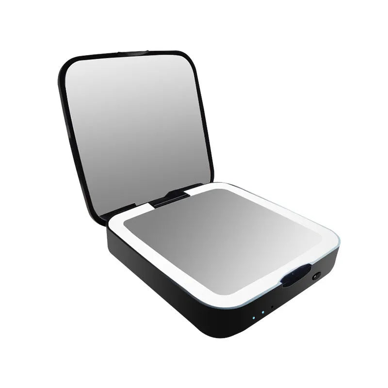 Two-sided makeup mirror with magnification and adjustable lighting in black or white