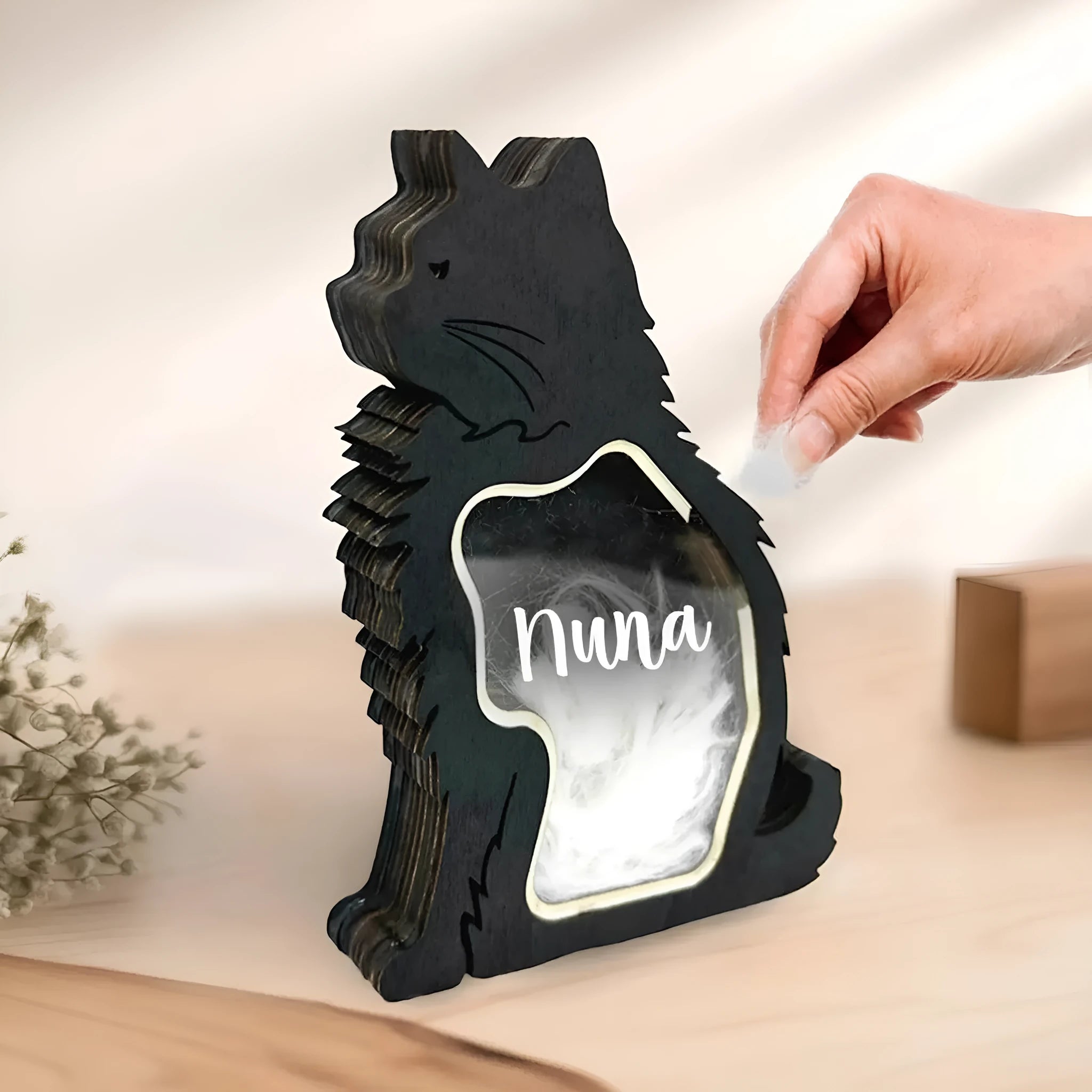 Creative wooden pet hair storage box in black C4 style for collecting fur during grooming