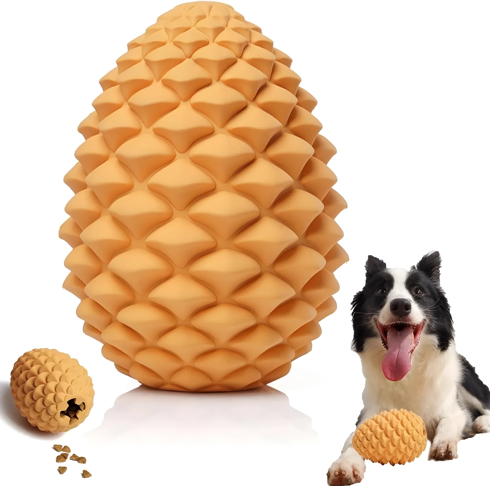 Yellow pine cone-shaped natural rubber dog toy with treat dispenser hole.