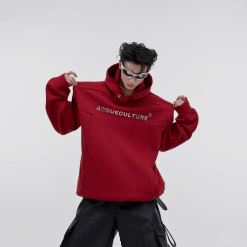 Men's loose red hooded sweater with metal 3D printed design and structured shoulder pads