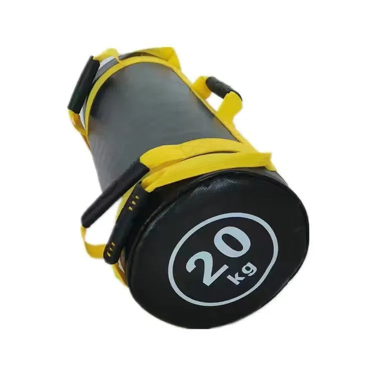 Flat white leather fitness training sandbag with weight options from 5kg to 30kg for gym workouts