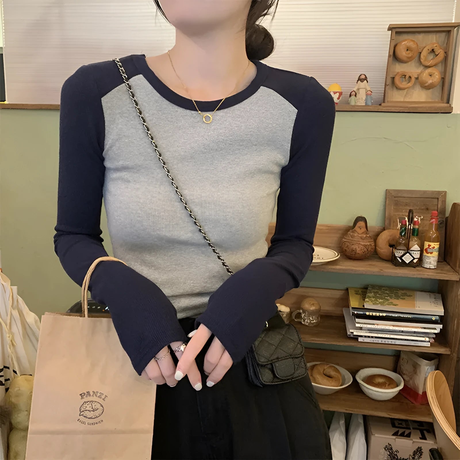 Women's casual viscose top with princess sleeves and embroidery detailing in dark blue colour