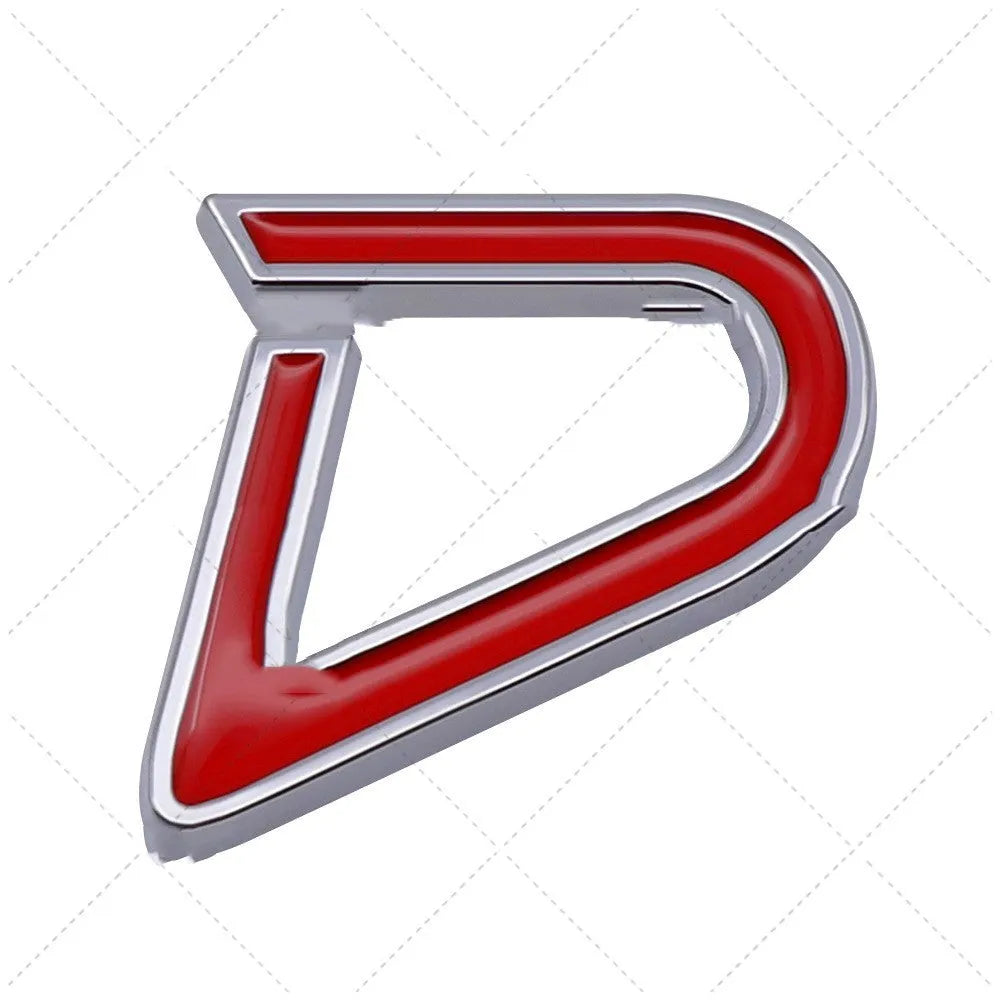 Metal decorative car sticker showing SD and D patterns in red and silver colour options on a white background.