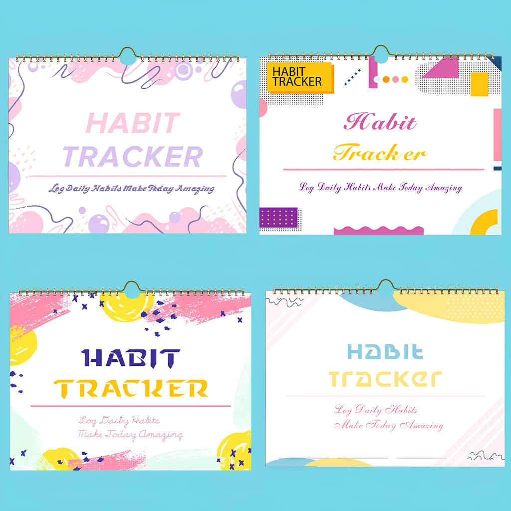 Habit tracking book with 12 pages measuring 21cm by 28cm in four colour options