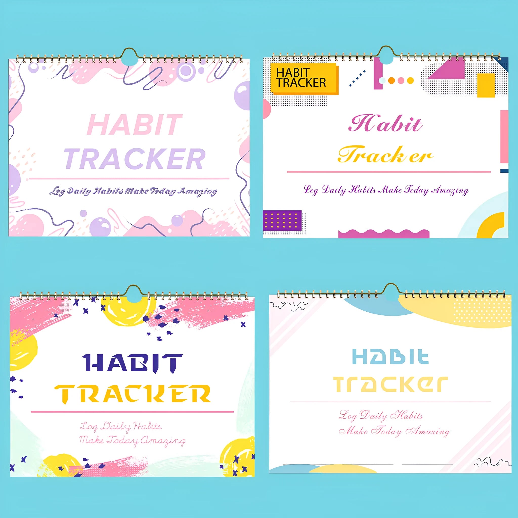 Habit tracking book with 12 pages measuring 21cm by 28cm in four colour options