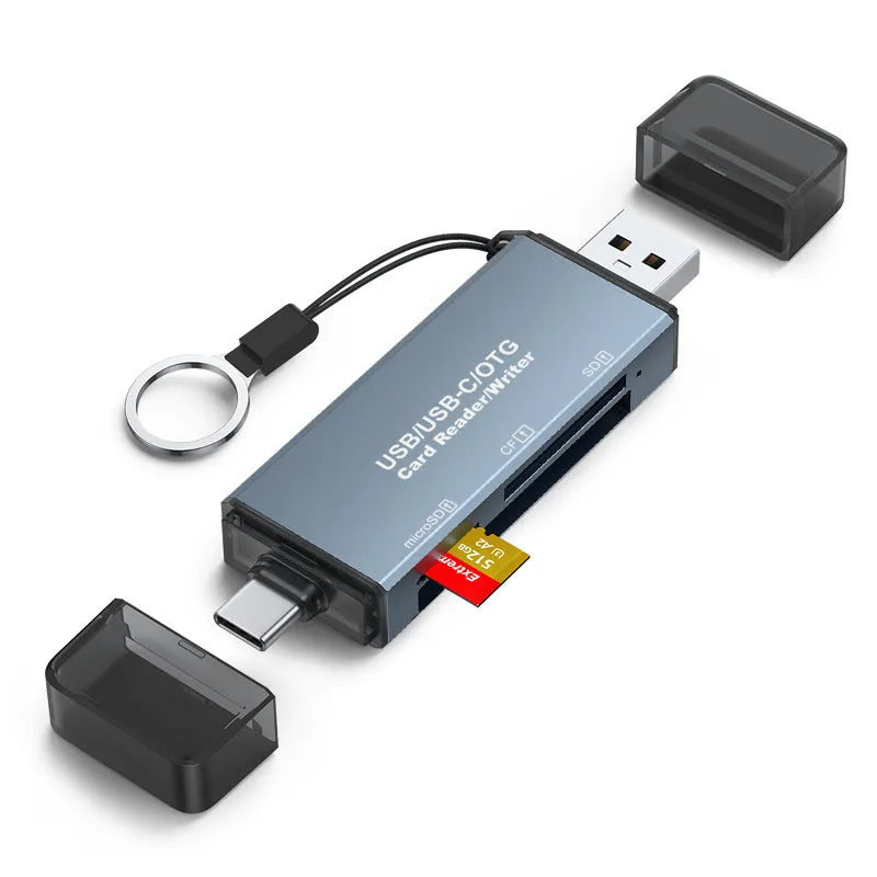 Aluminium alloy CF SD TF three-in-one USB card reader showing its compact size and card slots.