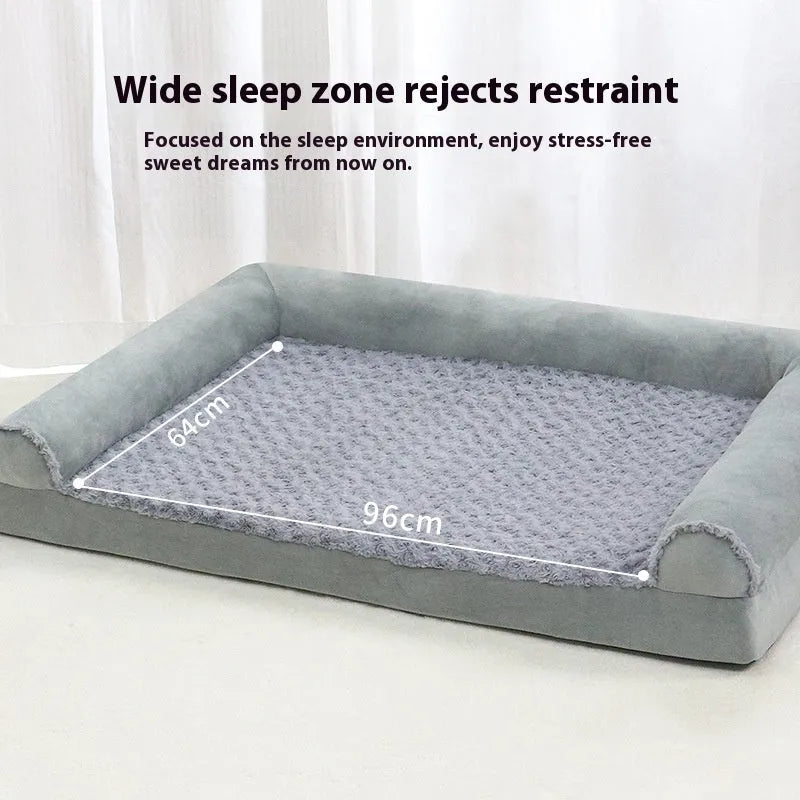 Grey fabric-covered indoor kennel for medium to large dogs showing three size options