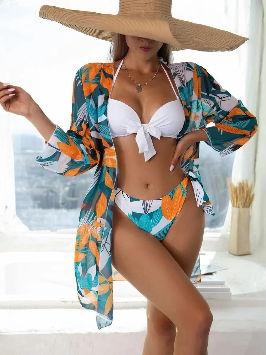 Women's three-piece mesh bikini swimsuit set with a coat, shown in multiple colours.