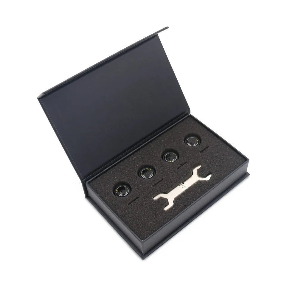 Black external Bluetooth 5.0 tire pressure monitor sensor with IP67 rating and anti-theft screw