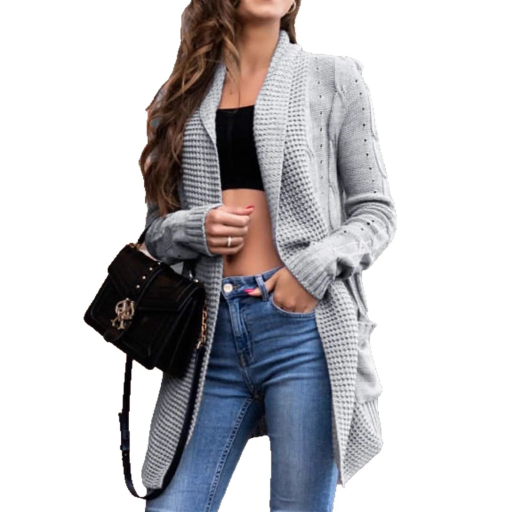 Women's solid grey viscose cardigan coat with pockets and loose street fashion style in medium length