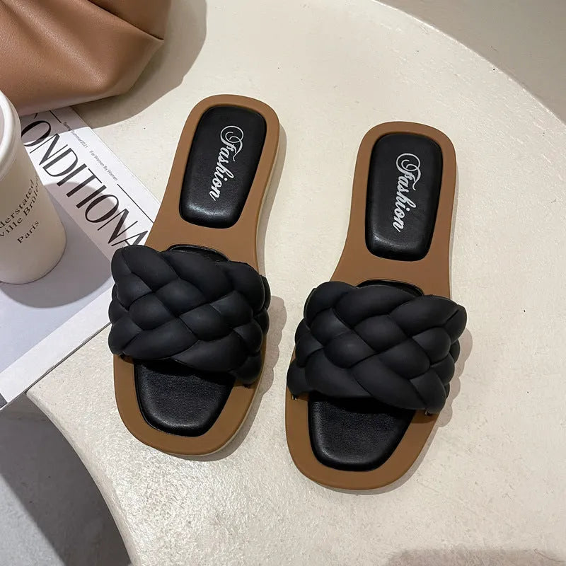 Women's plaid pattern beach sandals with thick PVC soles in black, green, orange or white colours