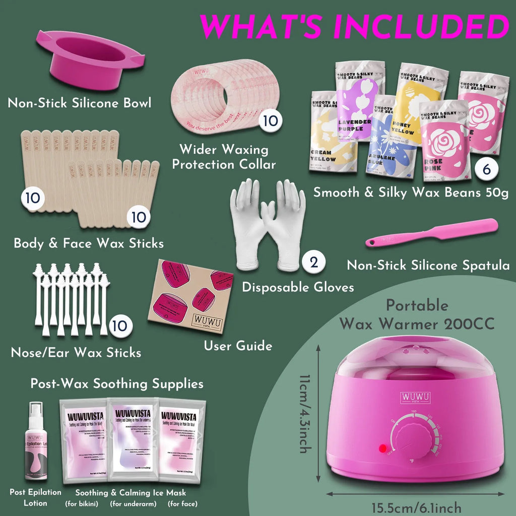 WUWUVISTA professional waxing kit with black wax warmer, coloured wax beads, silicone tools and aftercare products