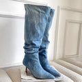 Women's pointed toe stiletto denim high heel below the knee boots in blue artificial PU with waterproof platform