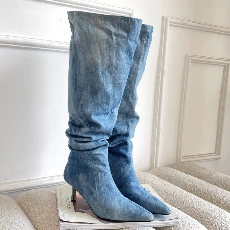 Women's pointed toe stiletto denim high heel below the knee boots in blue artificial PU with waterproof platform