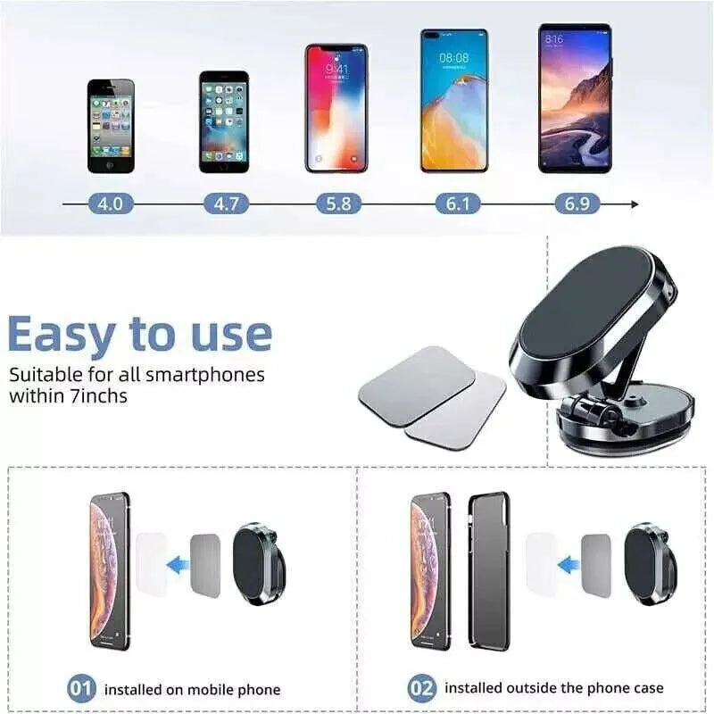 Chrome folding magnetic car phone holder mounted on a dashboard, showing 360-degree rotation.