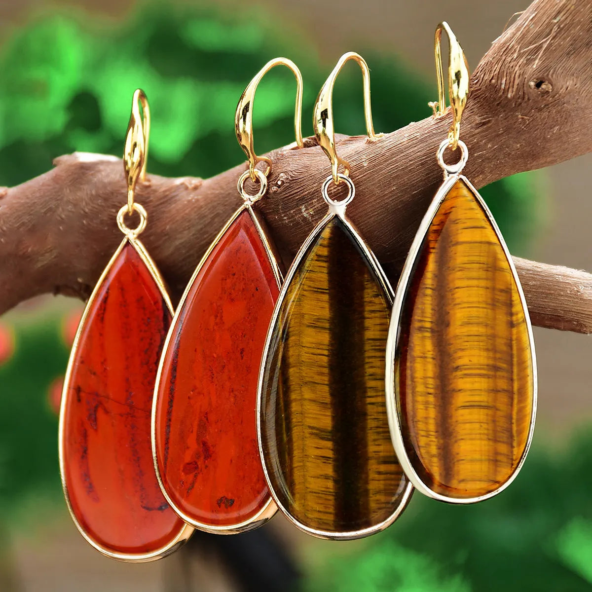 Vintage long water drop stone earrings in five colour options with textured surface