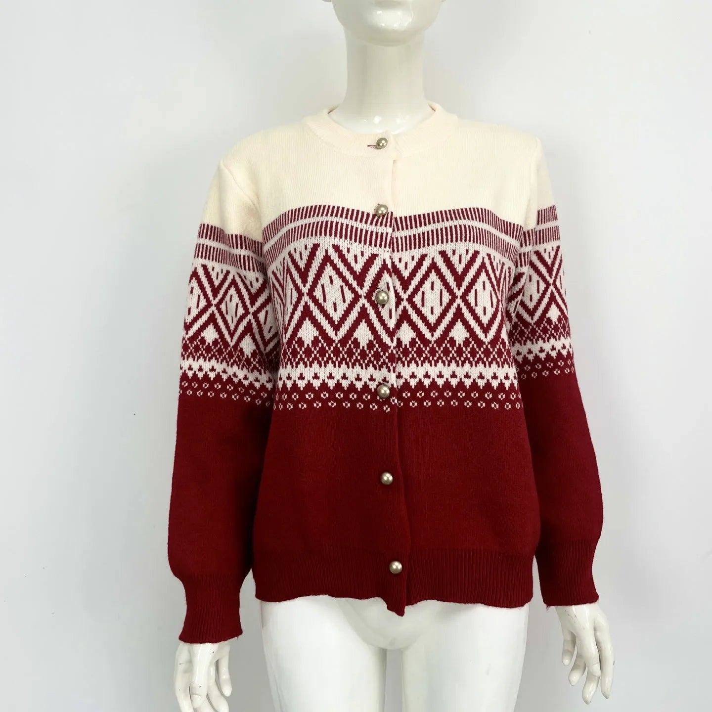 Women's grey alpaca wool cardigan with diamond knit colour block pattern and long sleeves