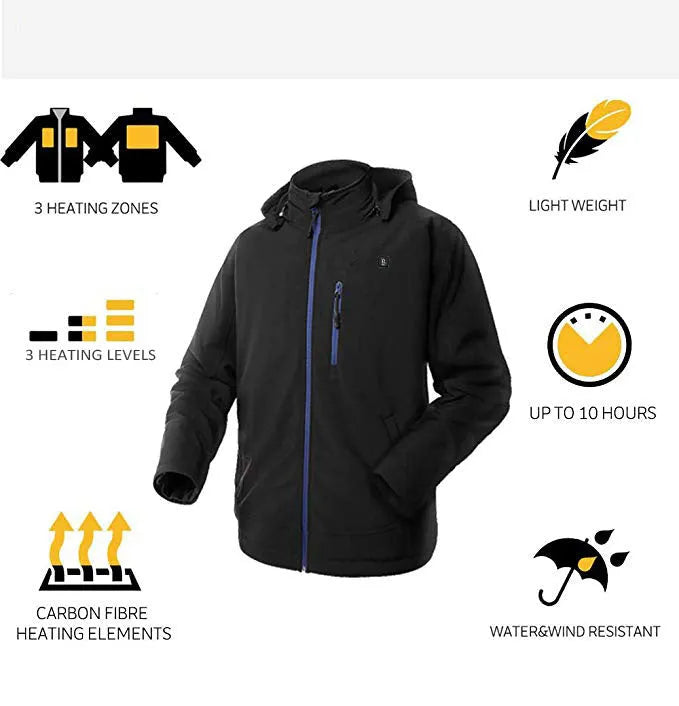 Black USB heated waterproof windproof thermal coat for men with long sleeves and straight hem.